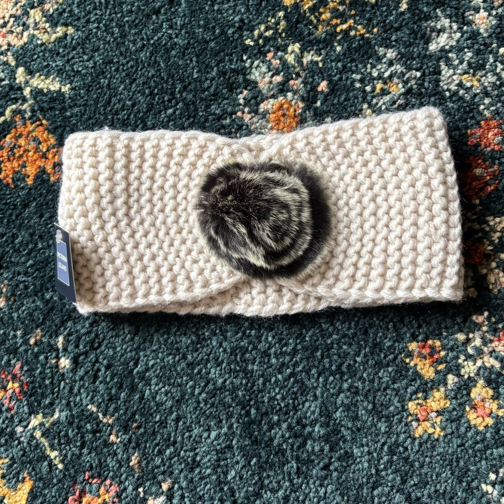 Cream Knit Ear Warmer Headband with Faux Fur Pom - Victoria Leland